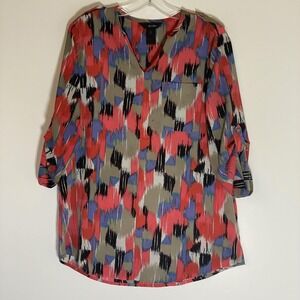 Ali Miles Top Womens Medium Multicolor Abstract V Neck Tunic 3/4 Roll Tab Sleeve